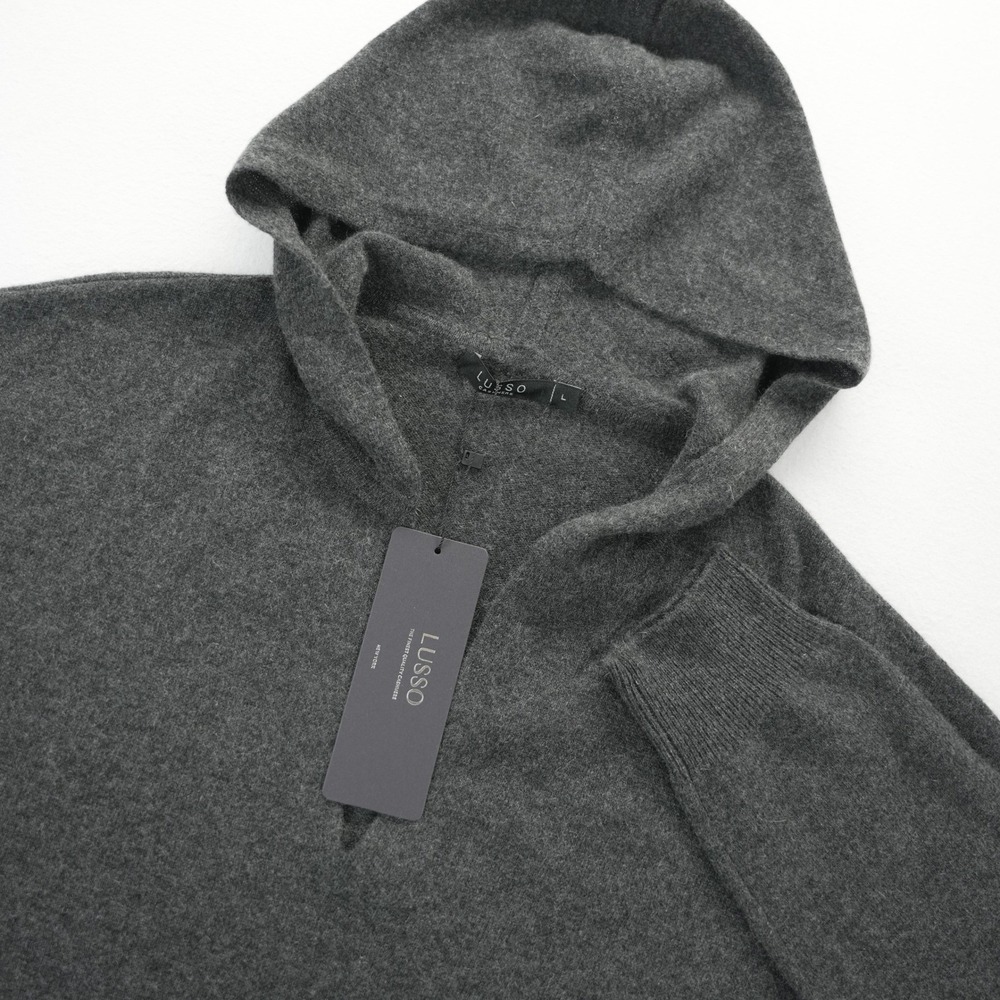 Lusso Cashmere Womens Charcoal Gray V-Neck Hoodie Sweater Large NWT Defect